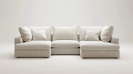 A sleek corner sofa in a minimalist, ivory-colored room, embodying eco-space concepts, isolated on a white background