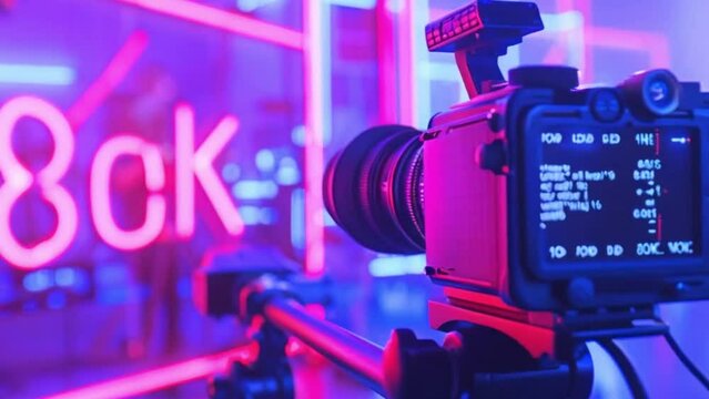 80k neon lights in blurry studio with camera from behind for video overlay or video editing