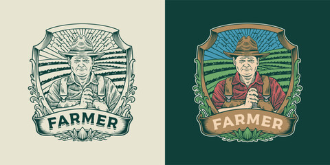 Farmer logo vintage style illustration for farming industry