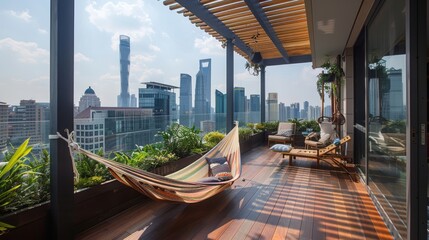 Enjoying a sunny day on the roof terrace with a hammock in Shanghai.