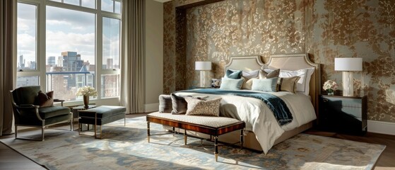 Upscale penthouse master bedroom, with designer-selected wallpaper, and furniture --ar 7:3 --v 6.0 - Image #3 @kashif320 - obrazy, fototapety, plakaty