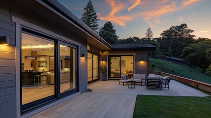 Evening sets on the patio area with sliding doors.
