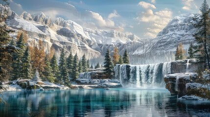 Lose yourself in the tranquility of nature's embrace, where the serene majesty of snowy mountains, tranquil seas, and cascading waterfalls creates an oasis of peace and wonder. - obrazy, fototapety, plakaty