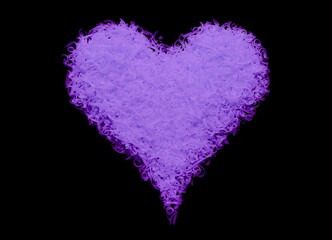 Violet heart on black background. Swirly ornament heart made from chips. Swirls decorative pattern...