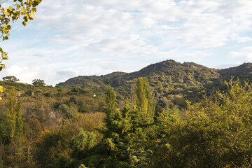 landscape of Cordoba Argentina in autumn trees, river, mountains, ideal tourism promotion