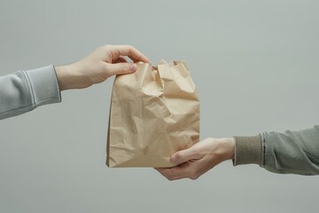 Two people are exchanging a brown paper bag, Mockup on the paper bag