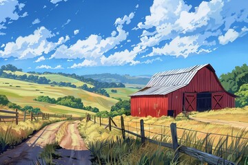 Fototapeta na wymiar Red barn in rural setting with rolling hills