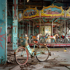 Obraz premium Abandoned carousel with vintage bicycle