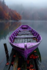 Tranquil autumn lake with purple boat
