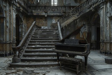 Abandoned grandeur: piano and staircase