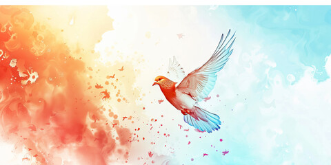 Spiritual Journey: The Ascending Dove and Open Sky - Visualize a dove ascending into an open sky, symbolizing the spiritual journey of a deceased leader's soul. - obrazy, fototapety, plakaty