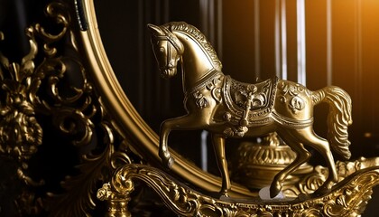 golden crown on black, panel wall art, marble background with horse silhouette