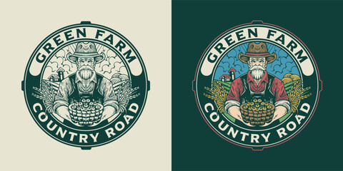 Farmer holding vegetable logo vintage style illustration for farming industry