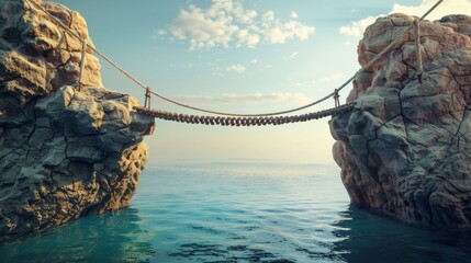 Illustration of a rope bridge suspended between two large rocks, presented as a 3D render. - Powered by Adobe