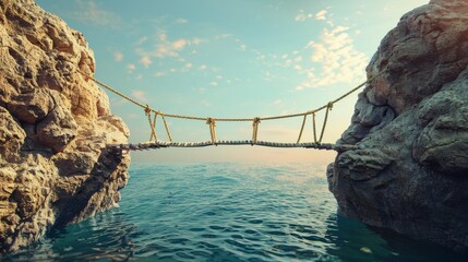 Illustration of a rope bridge suspended between two large rocks, presented as a 3D render.