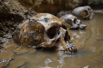 Obraz premium Ancient skulls submerged in muddy water