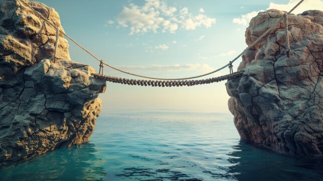 Fototapeta Illustration of a rope bridge suspended between two large rocks, presented as a 3D render.