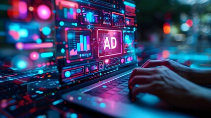 person using a laptop computer displaying advertising icons and a growth graph on a transparent screen, showing a digital marketing or online advertisement concept with "AD" word. 