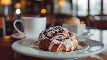 Image of a cinnamon roll on a white plate for morning meal - Powered by Adobe