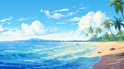 Fototapeta na wymiar beautiful summer background with beach and palm trees in sea. cartoon anime illustration