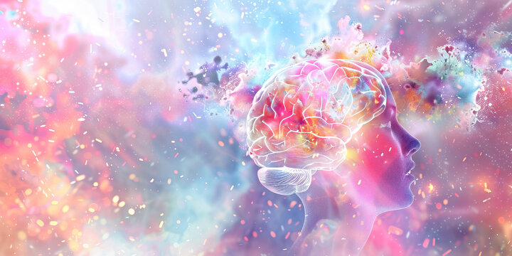 Mind Expansion: The Cosmic Brain and Exploding Thoughts - Visualize a cosmic brain with thoughts exploding outward, symbolizing the expansion of consciousness during a psychedelic experience