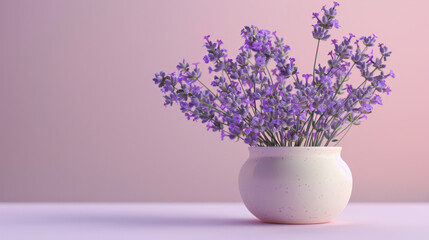 A delicate arrangement of lavender flowers presented in a classic ceramic vase against a soft pink background.