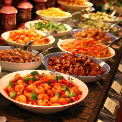 Una exótica mesa, llena de platos que combinan una enorme variedad de colores y sabores.