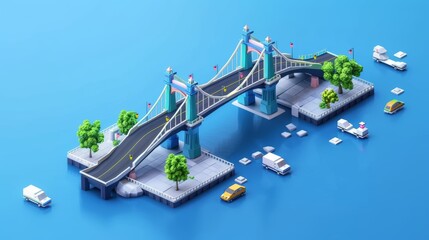Isometric depiction of an urban infrastructure skyway bridge, designed for gaming applications and creative inspiration. Representing city transport organization objects in a three-dimensional form.