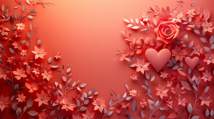 Intricate paper art featuring stylized flowers, leaves, and a heart on a vibrant red background.
