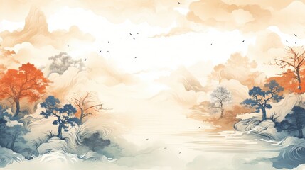 Myths over Clouds Chinese Ink Art Landscape Painting Ancient History of China Template Background Wallpaper War Battlefield Soldiers Trade Wuxia Online Game Style 16:9