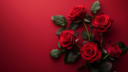 A bunch of sumptuous red roses lying on a deep red velvet backdrop, symbolizing deep passion.