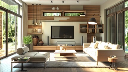 3D contemporary Living Room Interior and modern furniture