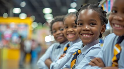 african black children dressed in School uniform business attire, chatting and laughing at an exhibition or trade show. They stand by their booth, displaying products.