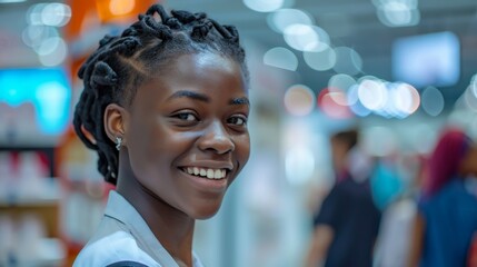 african black children dressed in School uniform business attire, chatting and laughing at an exhibition or trade show. They stand by their booth, displaying products.