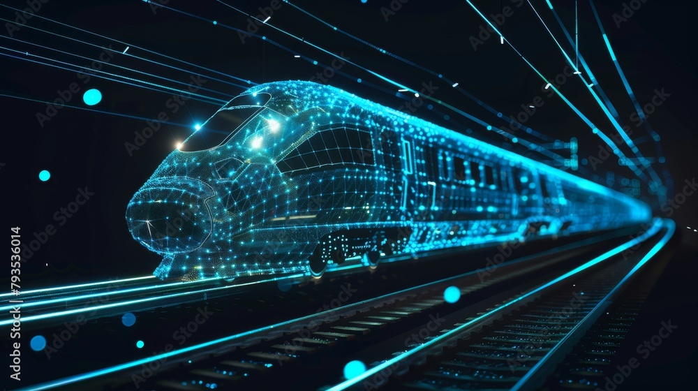 Poster low poly 3d illustration showing a high-speed train moving on a rail bridge. this abstract represent