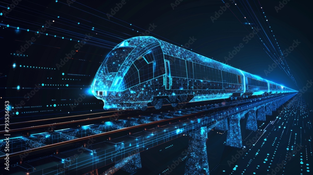 Poster low poly 3d illustration showing a high-speed train moving on a rail bridge. this abstract represent