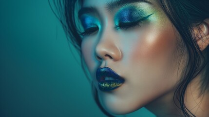 A natural asian woman with metallic blue - deep green color transfer eleganr makeup and metallic blue and green lipstick on her face against a white background in the style of a elegant magazin