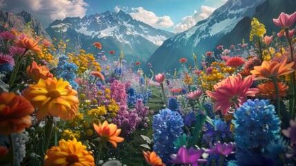 Get lost in the beauty of a flower landscape, where a riot of colors blooms in every direction, creating a mesmerizing spectacle of floral abundance.