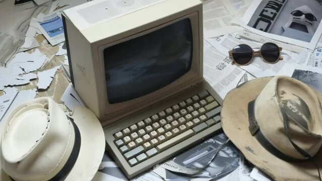 old computer miniature with white hat in collage style for video overlay