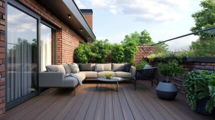 Modern rooftop terrace panorama featuring dark wood deck flooring, plants, brick fence, and black garden furniture. - Powered by Adobe