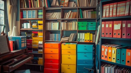 A music room with a rainbow-colored file cabinet, shelves filled with vibrant sheet music