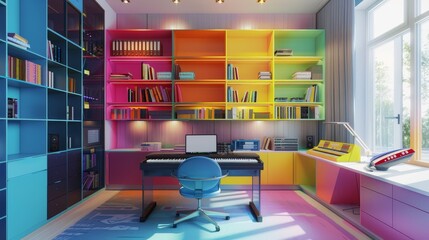 A music room where bright shelves and file cabinets create a joyful space for creativity and sound