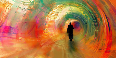 The Journey Within: The Tunnel of Light and Inner Exploration - Imagine a tunnel of light representing the journey within oneself during a psychedelic experience, exploring the depths of the mind - obrazy, fototapety, plakaty