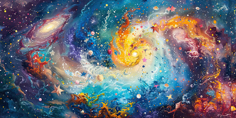 The Cosmic Dance: The Spiraling Galaxy and Dancing Figures - Visualize a spiraling galaxy with dancing figures, symbolizing the interconnectedness of the universe and the feeling of oneness often expe