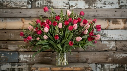 Fototapeta na wymiar A beautiful display of affection showcased by a stunning bouquet of tulips set against a rustic wooden backdrop exudes pure love