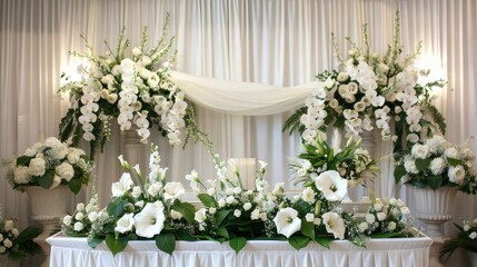 A white backdrop serves as the canvas for a beautiful display of worship flowers