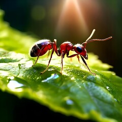 Large red ant closeup on a green leaf in the sun