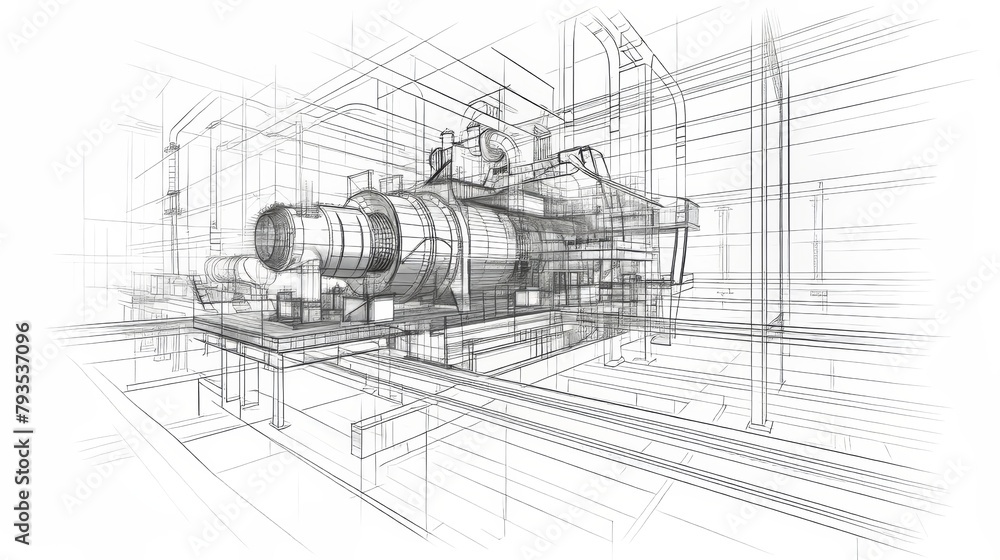 Poster sketch of industrial equipment rendered in wire-frame style with separated layers of visible and inv