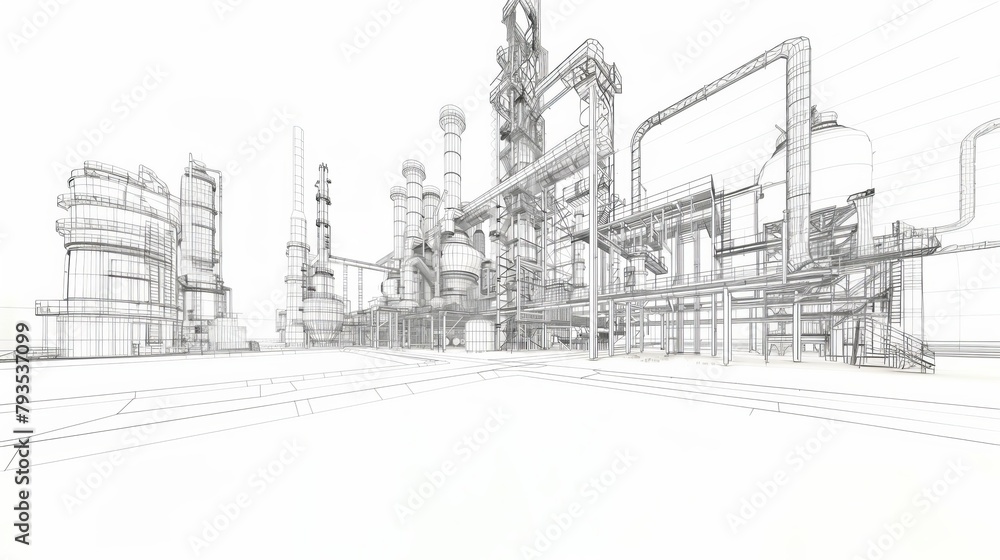 Poster sketch of industrial equipment rendered in wire-frame style with separated layers of visible and inv