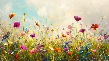 Obraz na płótnie Canvas Revel in the splendor of a colorful flower field, where the delicate petals sway in the gentle breeze, painting the landscape with nature's palette of hues.